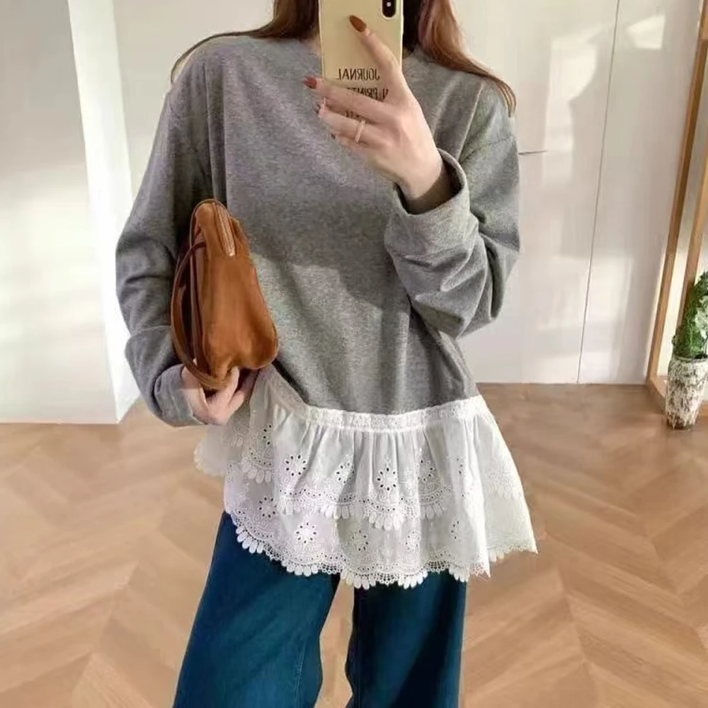 【8315】大码女装胖mm秋冬季内搭打底衫蕾丝拼接长袖T恤显瘦上衣