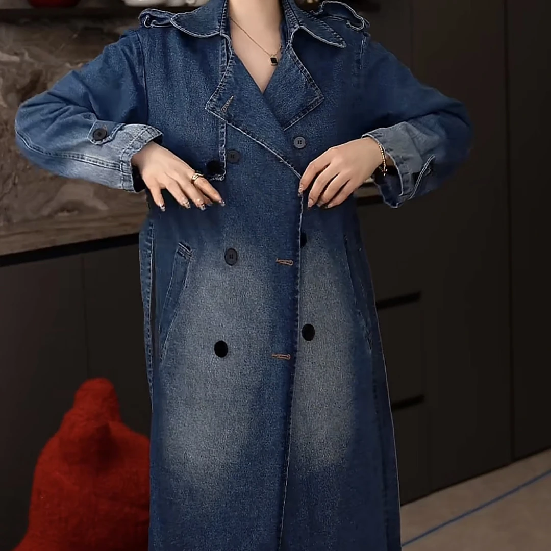 女士复古水洗长款牛仔风衣外套宽松阔版秋冬新款