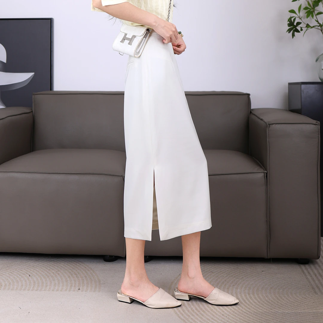 纯色缎面半身裙女夏季气质轻奢百搭垂感高腰开衩直筒半裙1216