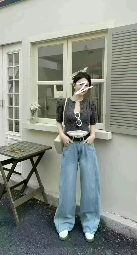 6982-AQ蓝色微弹牛仔直筒弯刀裤