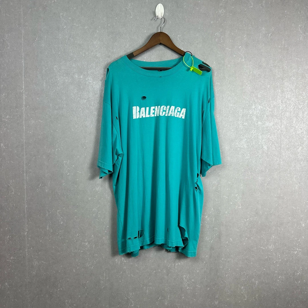 99新 Balenciaga/巴黎世家 湖水绿破洞短袖T恤 1503