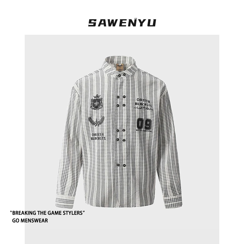 SAWENYU 美式潮牌双排扣条纹衬衫男女宽松休闲设计感刺绣长袖衬衣