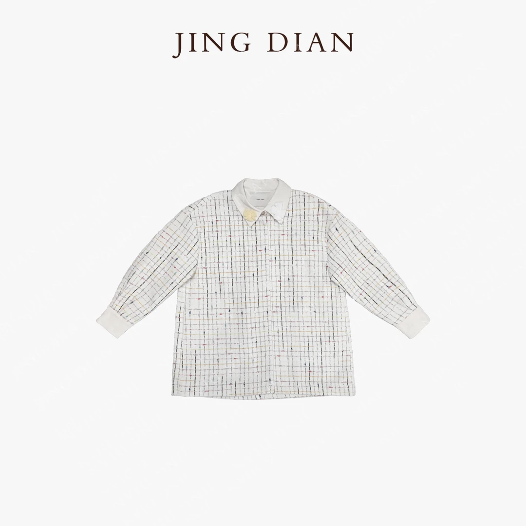 【JD】设计师款衬衣领小花朵香风彩格子外套