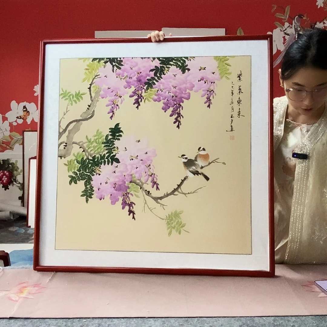 国画手写手绘国画作品带框包邮82✖️82
