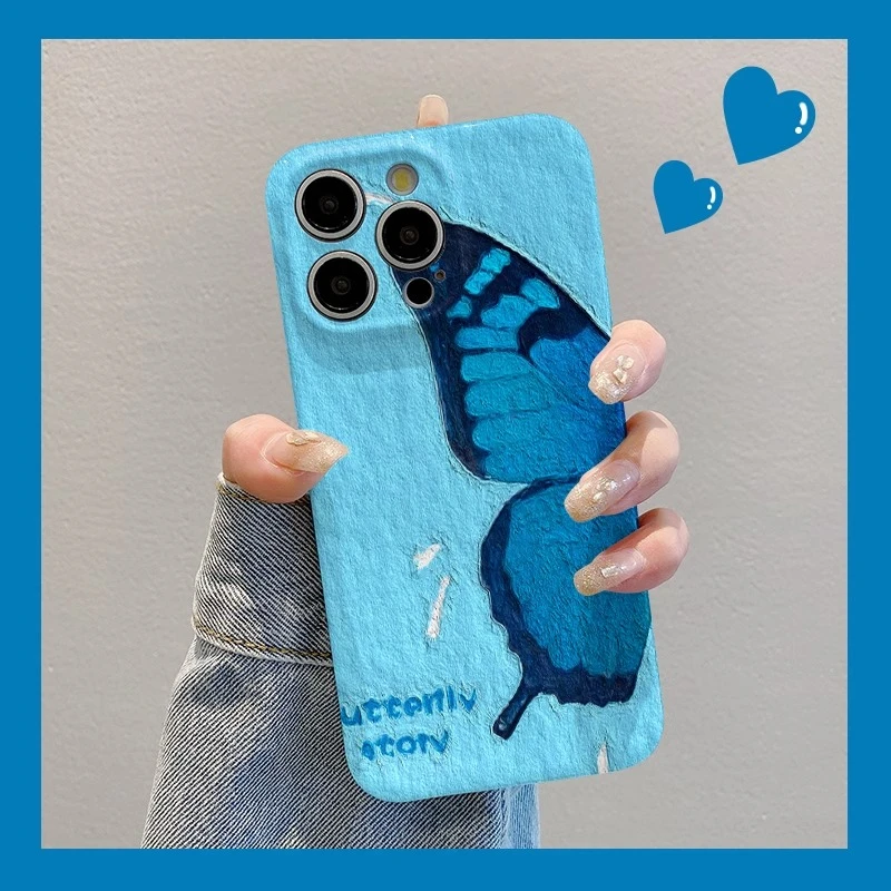 蓝色油画蝴蝶菲林亮面适用苹果16情侣手机壳小米华可爱游戏潮牌