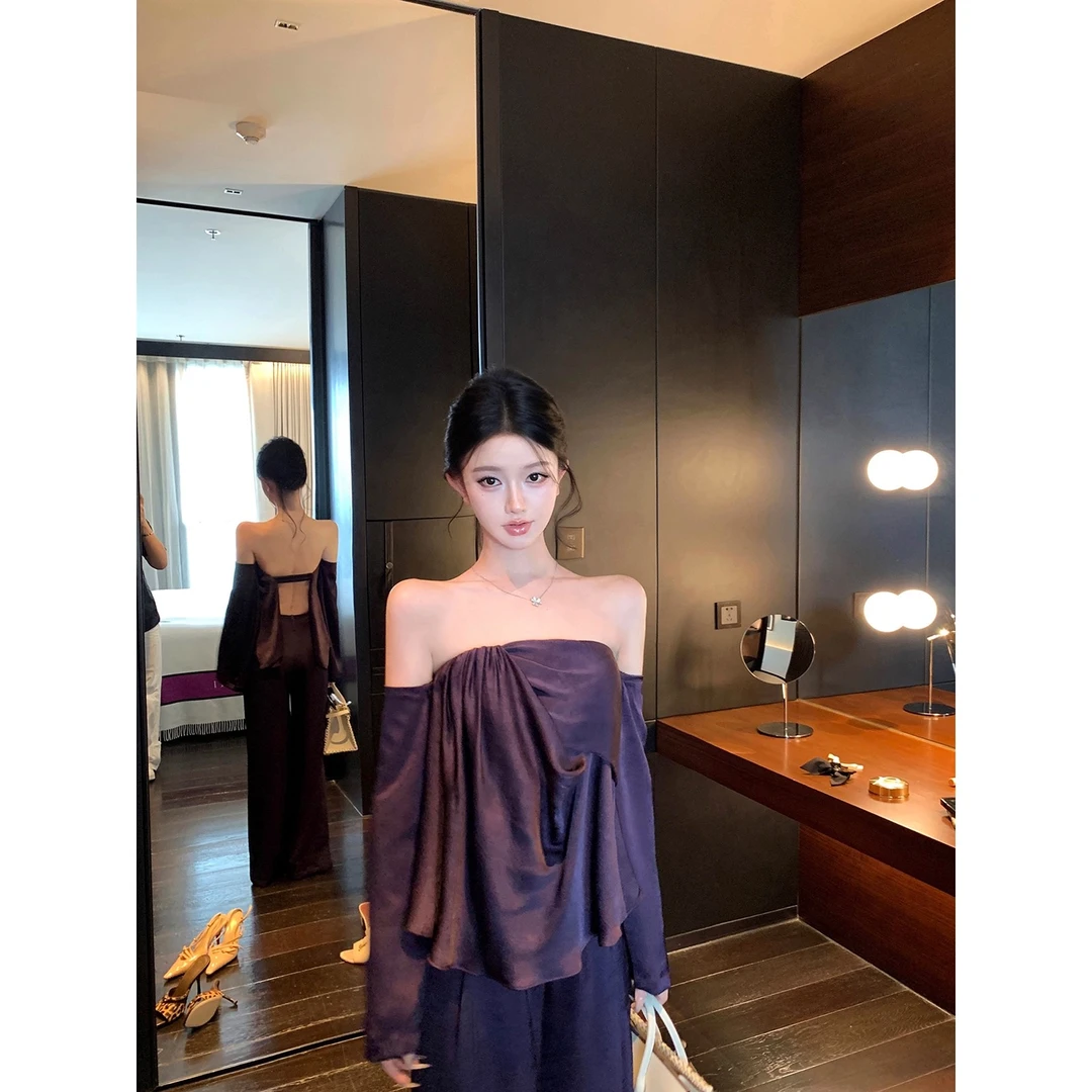 【莫奈晨光】法式纯色简约露背抹胸设计感上衣时尚高腰阔腿裤套装