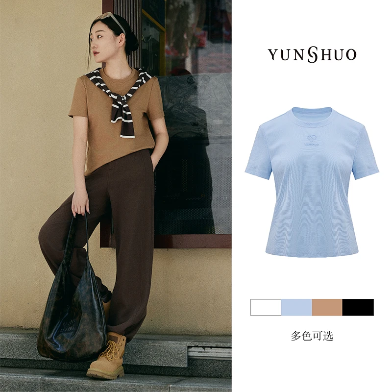 允硕夏季新品时尚百搭印花圆领美式休闲T恤简约女白色短袖325338