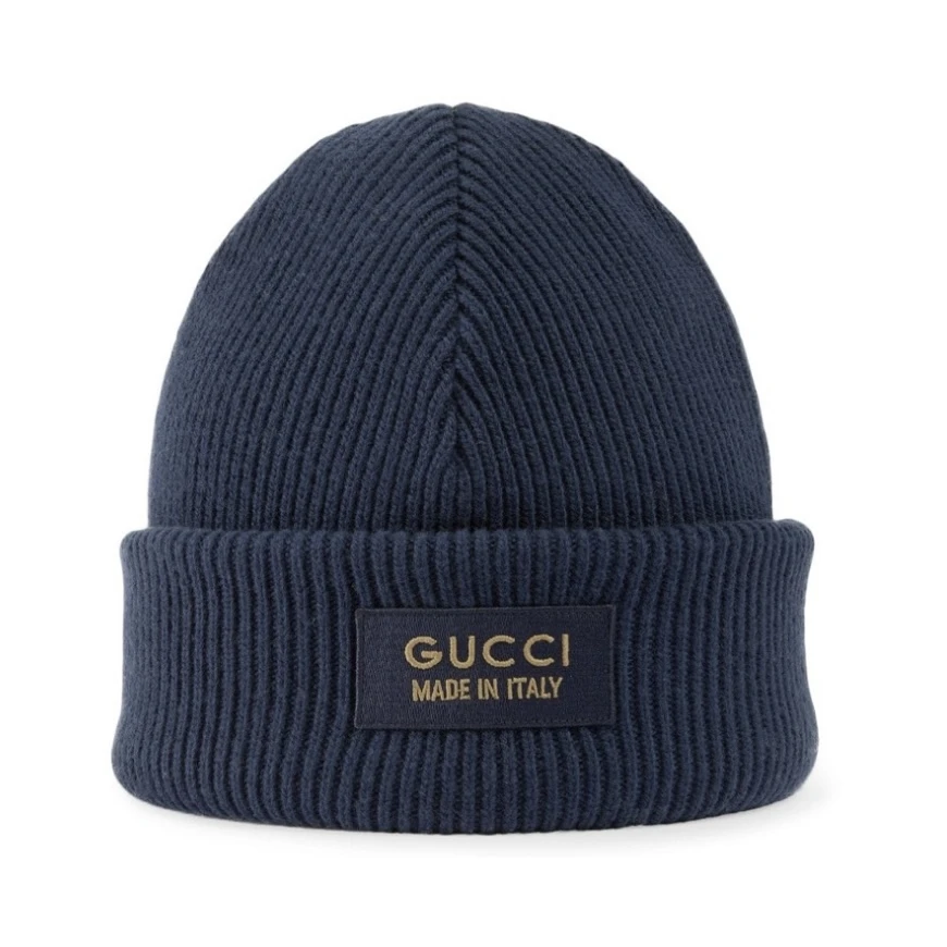 全新未使用 GUCCI/古驰 古驰Gucci标签针织秋冬毛线帽深蓝色