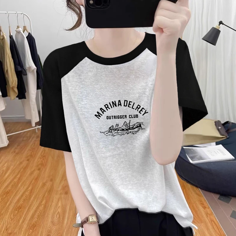 韩版雪花棉2025夏新款白色短袖t恤女印花插肩袖宽松显瘦体恤上衣