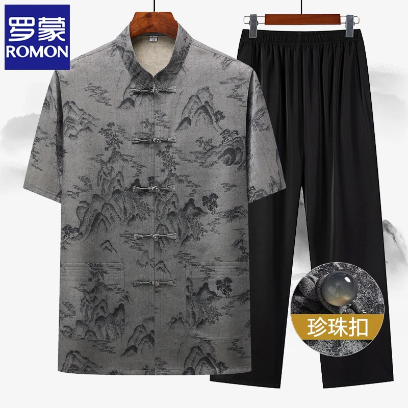 罗蒙唐装男中老年夏装短袖套装爷爷夏季中式汉服父亲装中国风套装