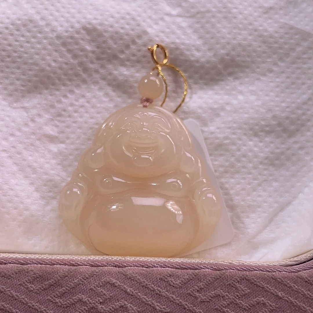 吊坠(不含链)18K金镶嵌和田玉藕粉弥勒佛30