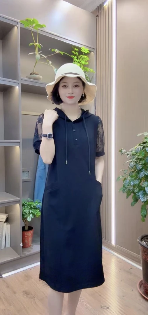 百搭透气蕾丝拼接纯色连帽连衣裙6620