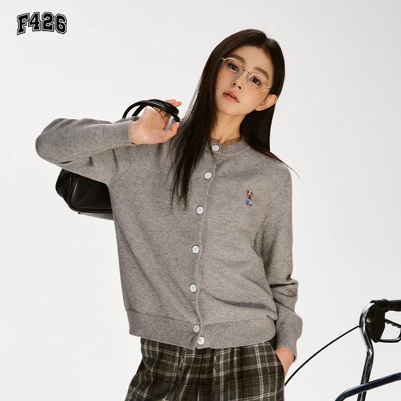 【春上新】F426国潮牌春季新款保暖毛衣小狗刺绣基础款开衫毛衣6549