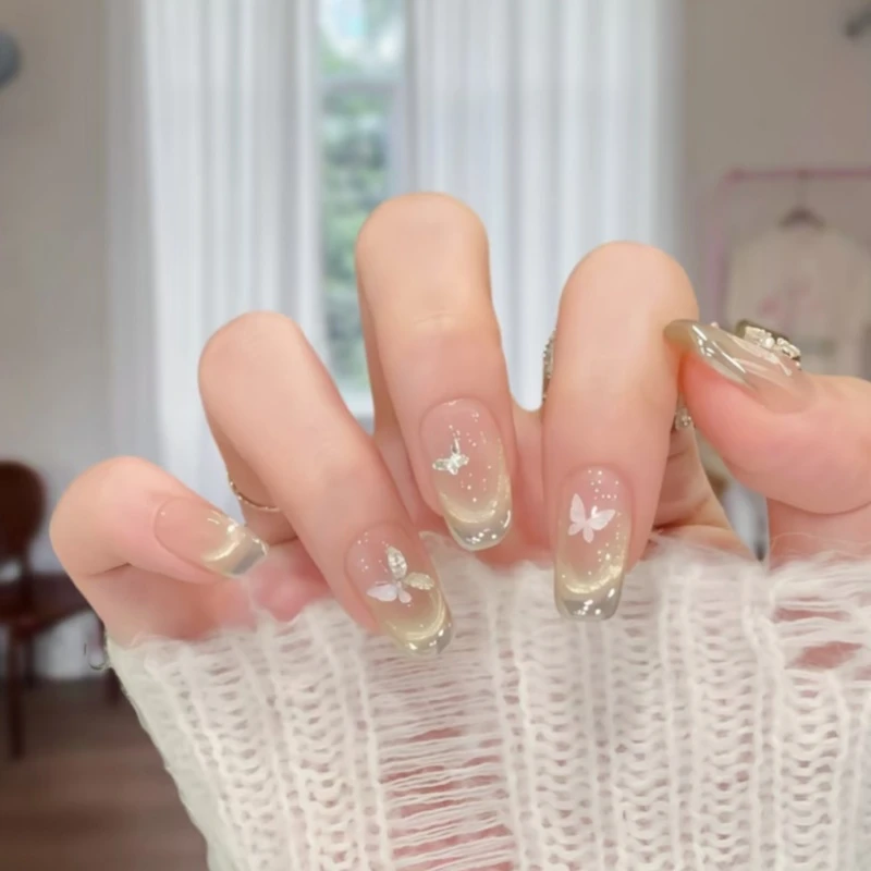 高级简约可爱猫眼温柔手工美甲贴美甲短款猫眼美甲穿戴甲穿戴蝴蝶