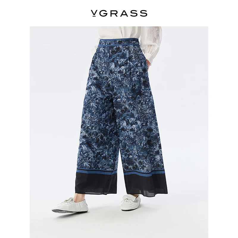 VGRASS舒适随性阔腿裤新款新中式提花刺绣国风高腰长裤VSK4P3594D