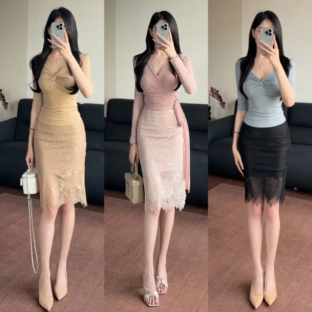 希野逸儿/气质高雅轻薄三层过渡弹力微包臀鎏金女士蕾丝半身裙女