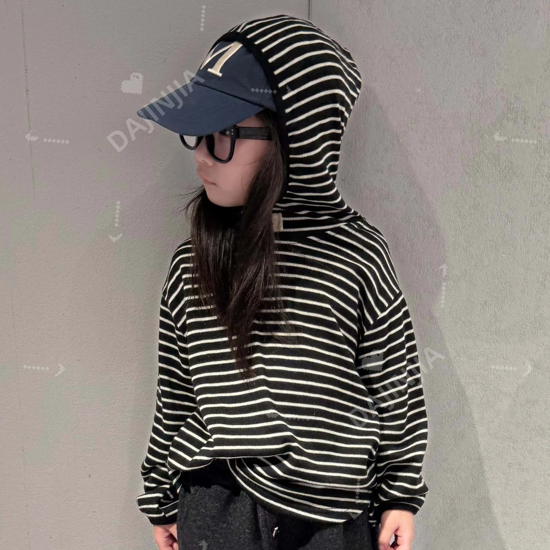 【现现】大金定制季新款经典条纹连帽棉感男女童百搭套头卫衣上衣