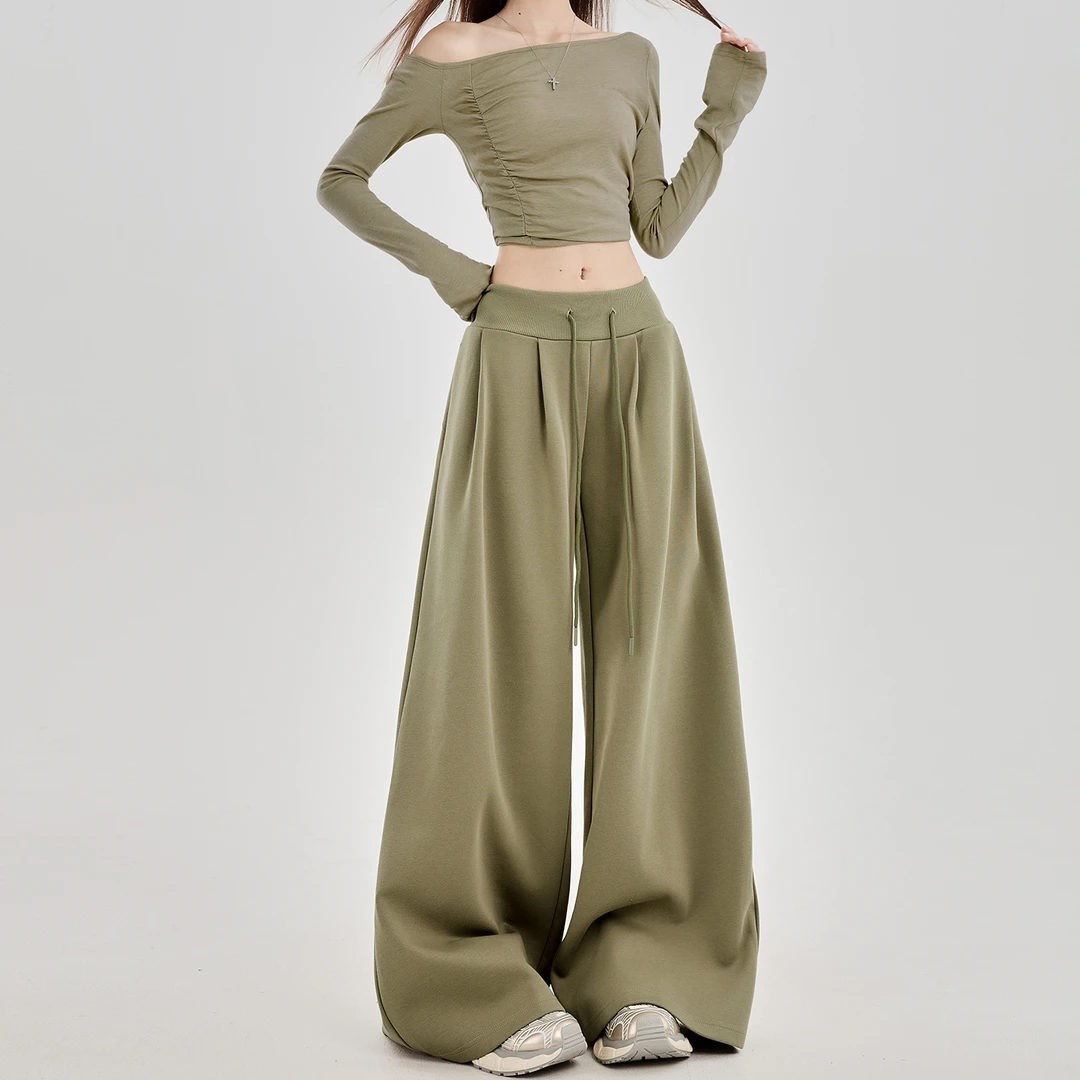 灰绿色阔腿裤女夏季薄款2025新款休闲显瘦垂感低腰直筒春秋运动裤