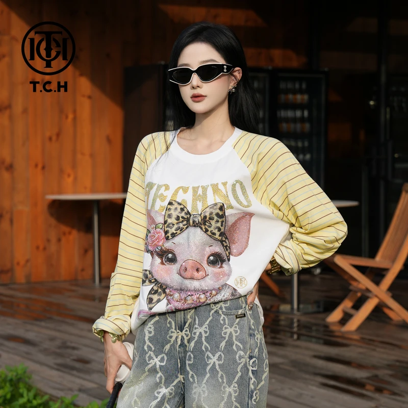 TCH-轻奢时尚潮牌烫钻豹纹头巾可爱小猪长袖T恤宽松T75C08E9002