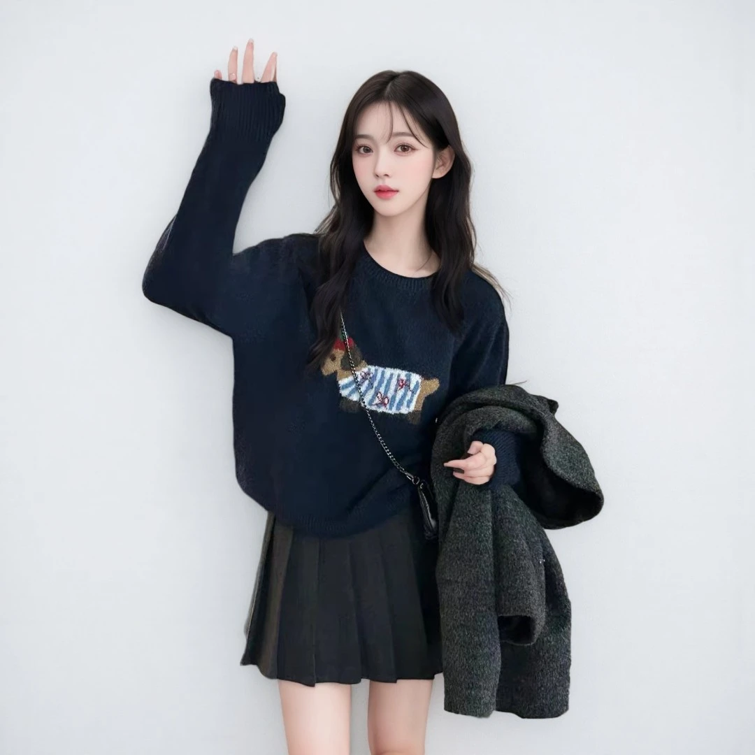 韩系减龄软糯毛衣长袖腊肠刺绣狗圆领套头时尚短款秋冬学生针织衫