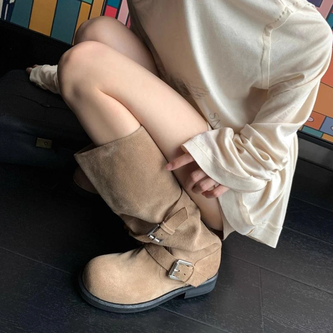 复古风西部靴女2025秋季新款粗跟长靴显瘦堆堆靴高筒美拉德骑士靴