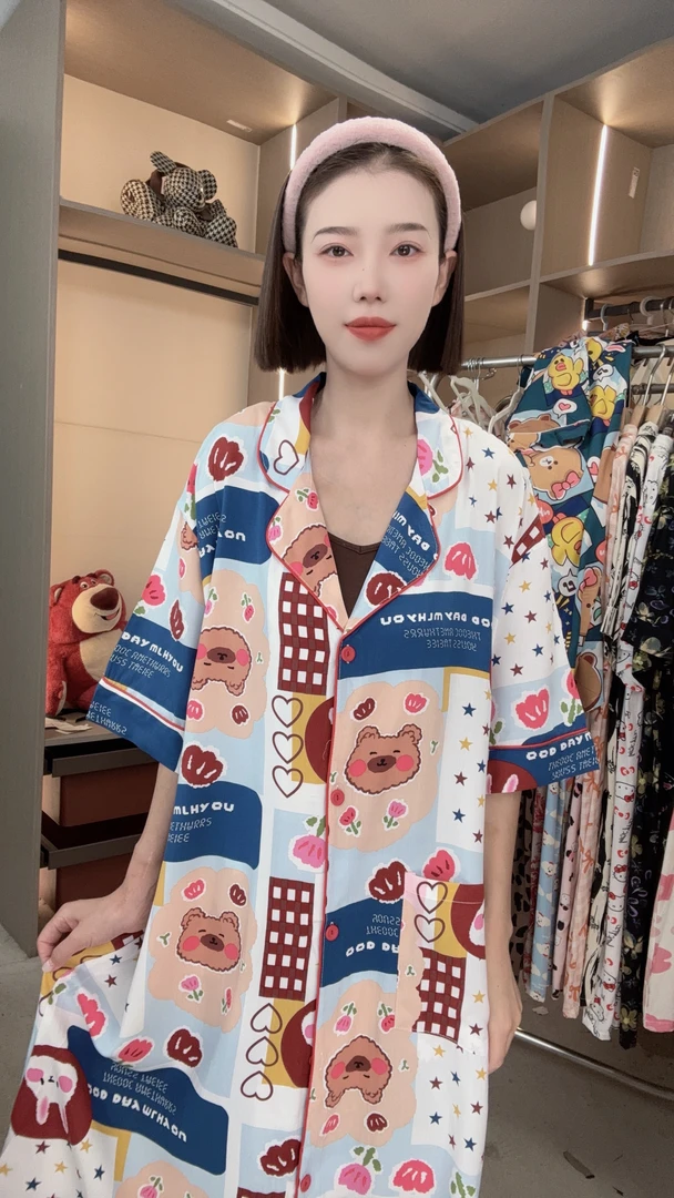 【爱红脸小熊-睡裙】夏薄款睡衣韩版加大码女款家居服透气宽松睡裙