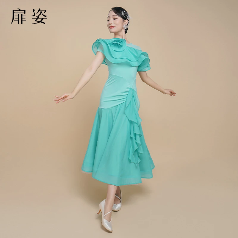 扉姿 新款摩登舞服女洋气华尔兹交谊舞裙短袖大摆跳舞连衣裙F3051