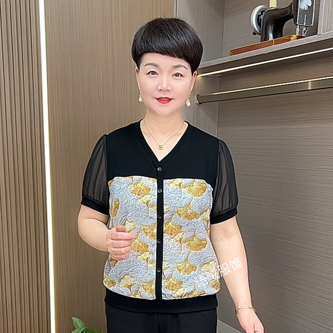 V领短款常规法式薄款中老年女装拼接夏装夏季短袖T恤小衫妈妈装