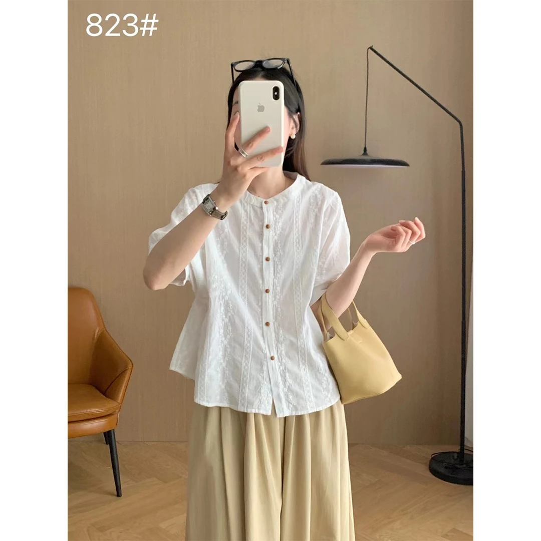 夏季新款短袖衬衫女日系清新甜美感少女重工刺绣收腰提花中袖衬衣