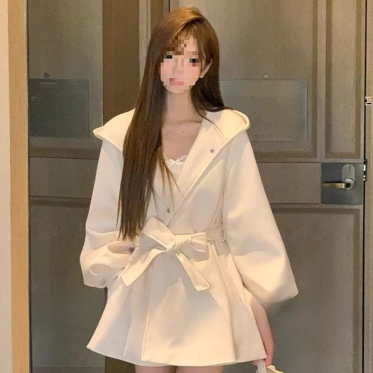 秋冬季微胖mm法式富家千金风连帽风衣女长袖中长款收腰毛呢外套