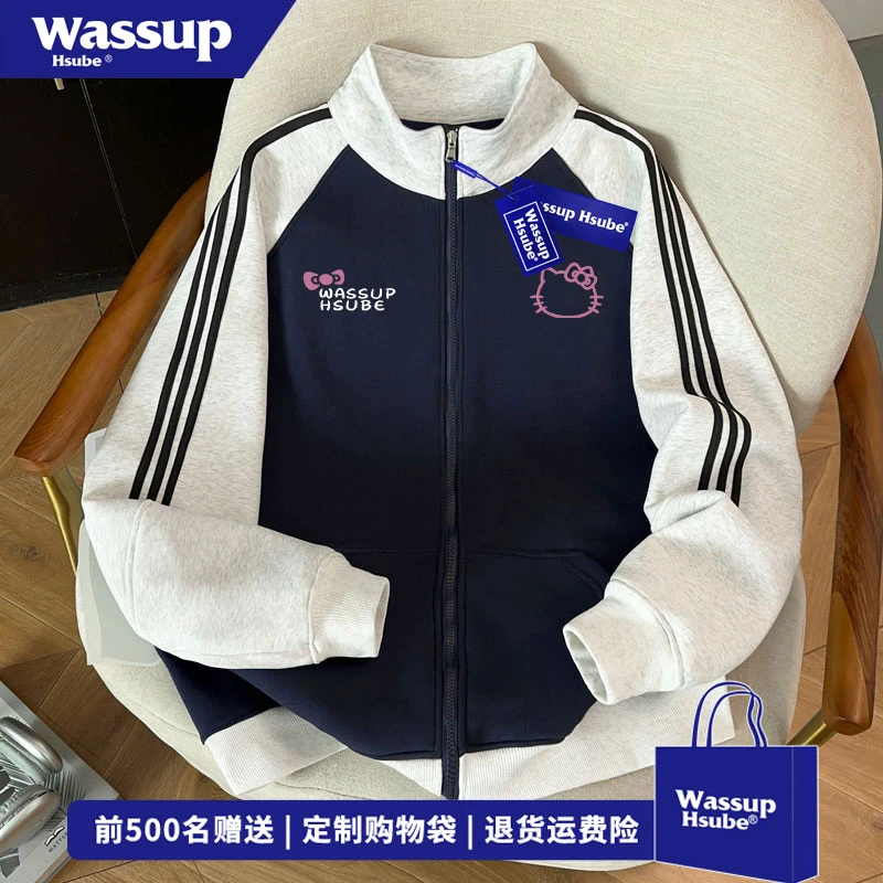 WASSUP HSUBE 日系凯蒂猫字母印花开衫卫衣秋冬季百搭撞色外套男