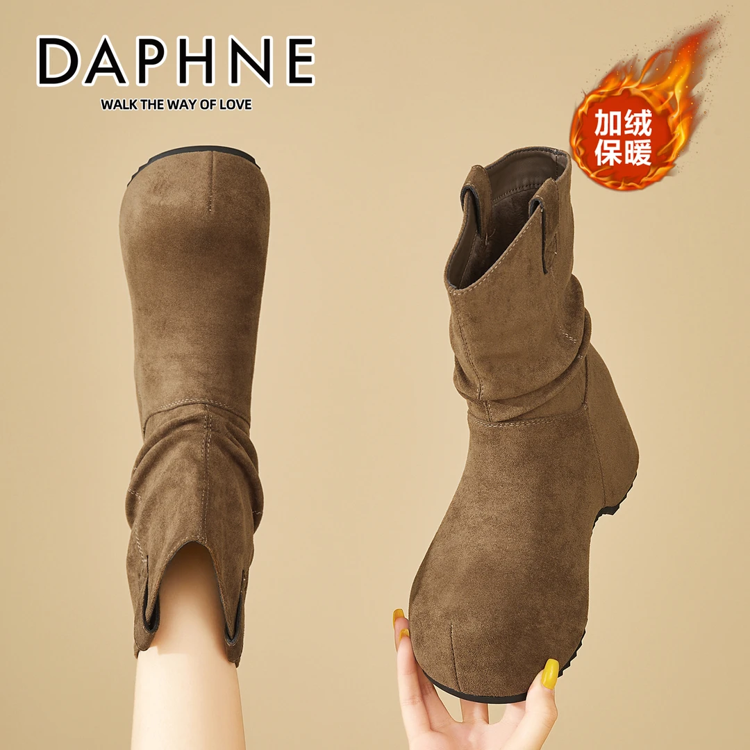 达芙妮软底复古勃肯短靴女2025冬季加绒马丁靴内增高褶皱堆堆靴女