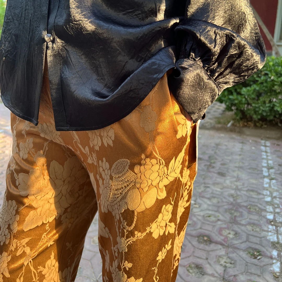 新中式提花直筒阔腿裤2025新款百搭高级感