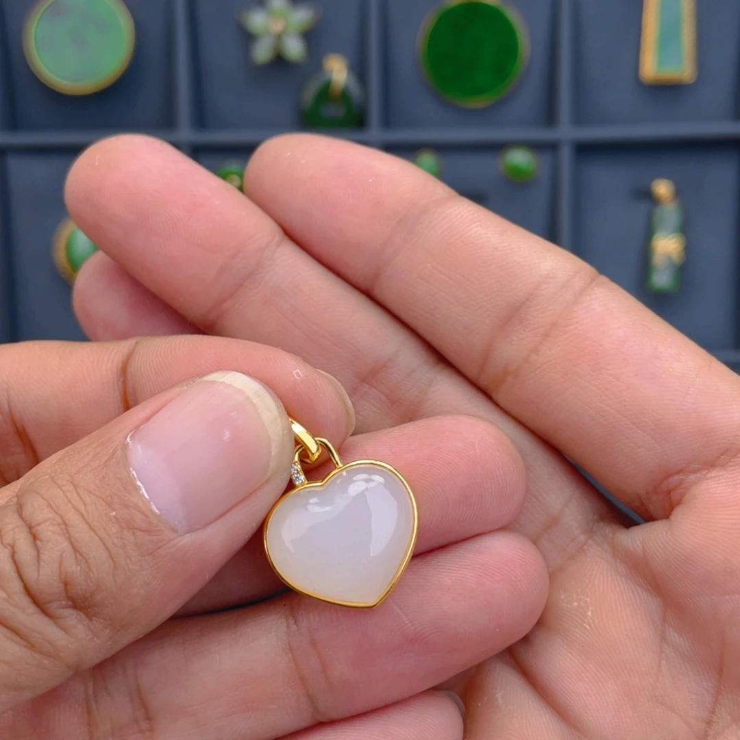 和田玉（白玉）银S925镶嵌吊坠(不含链)爱心吊坠