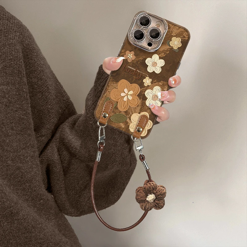 复古油画花朵挂绳适用17手机壳iphone15promax高级感16新女款
