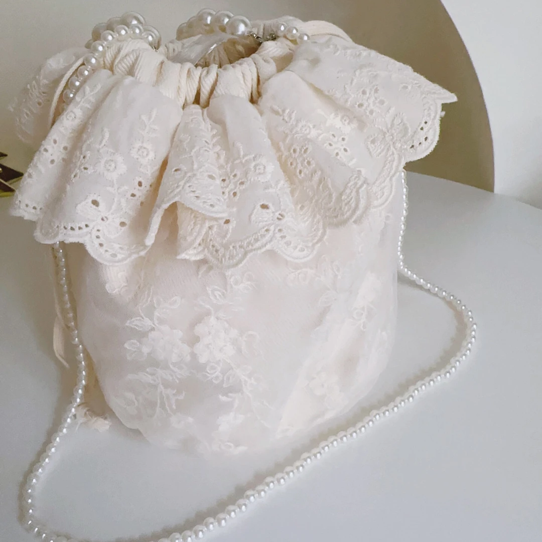 C3675蕾丝拼接串珠链条水桶包斜挎包