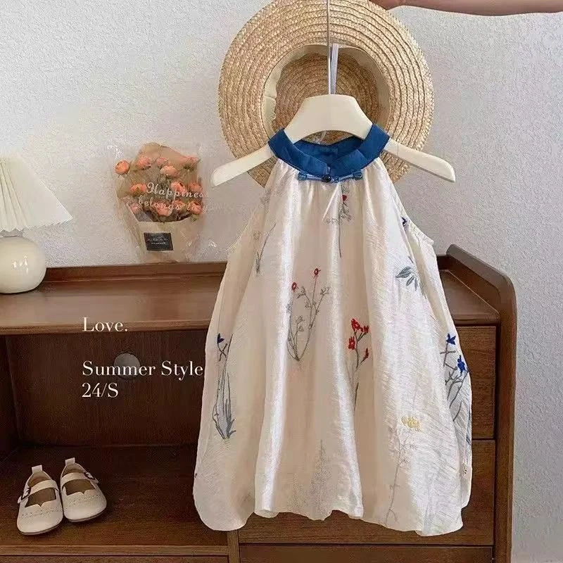 女小童新中式气质连衣裙夏装小女孩挂脖裙子女宝宝甜美国风背心裙