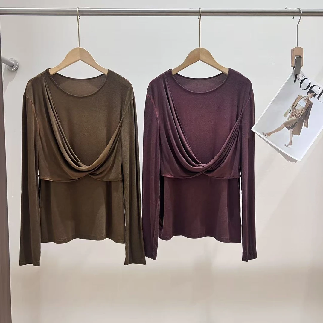 ZZ常规款宽松型圆领褶皱极简风T恤修身时尚秋季针织X119