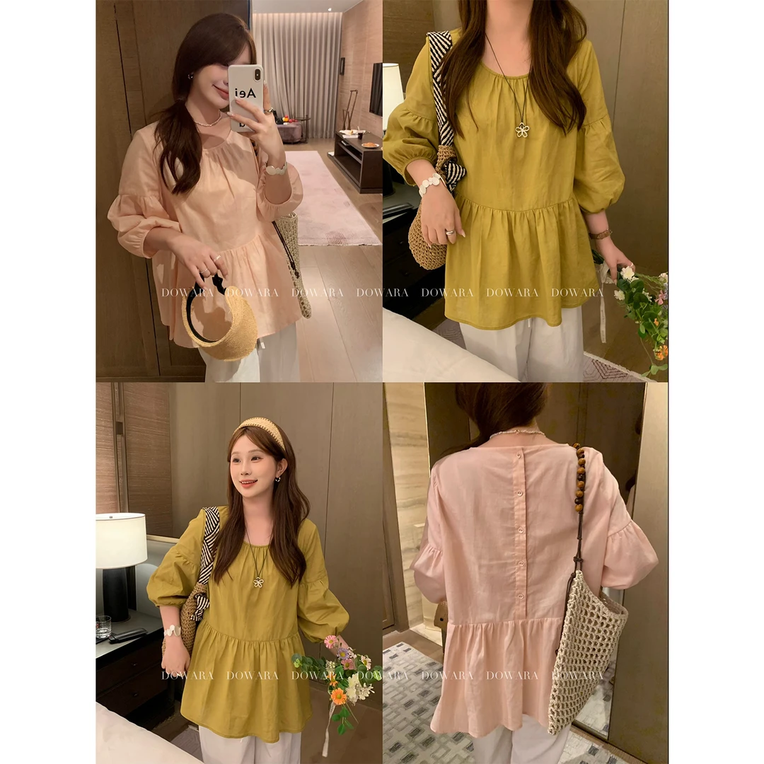 现货大婉酱微胖定制【柔雾棉麻】法式亚麻娃娃衫T恤夏显瘦小衫8457D