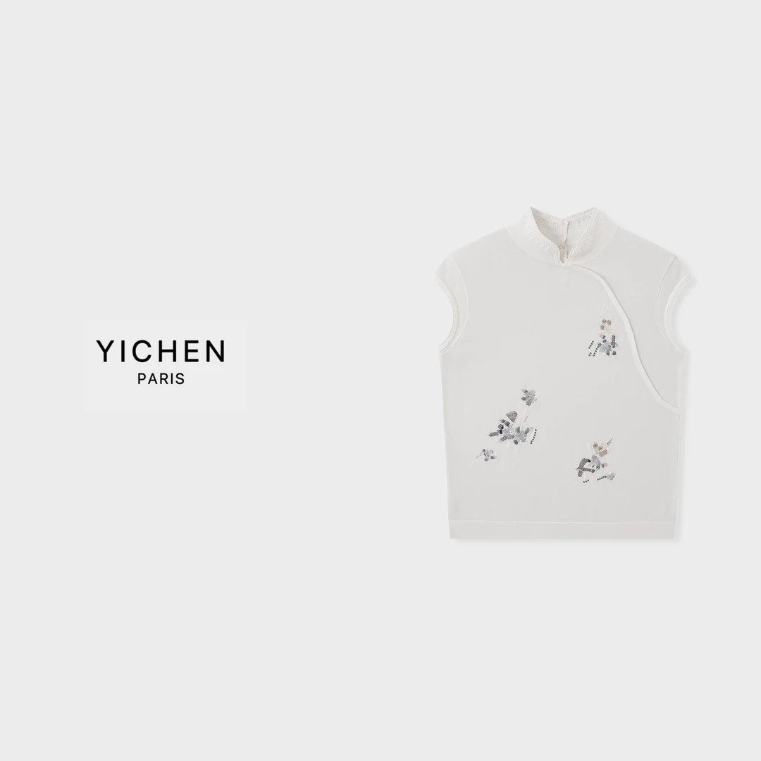 YC 新中式盘扣刺绣花朵小飞袖针织短袖-2669