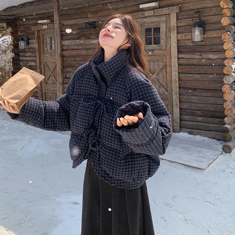 设计感格子立领羽绒服女2024冬季新款韩系甜美小个子白鸭绒外套