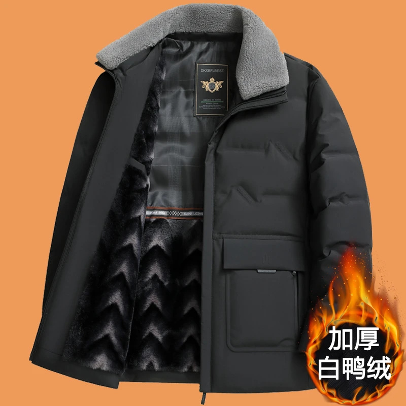 Y10冬装可拆毛领短款羽绒服中老年男士翻领加绒加厚爸爸保暖外套