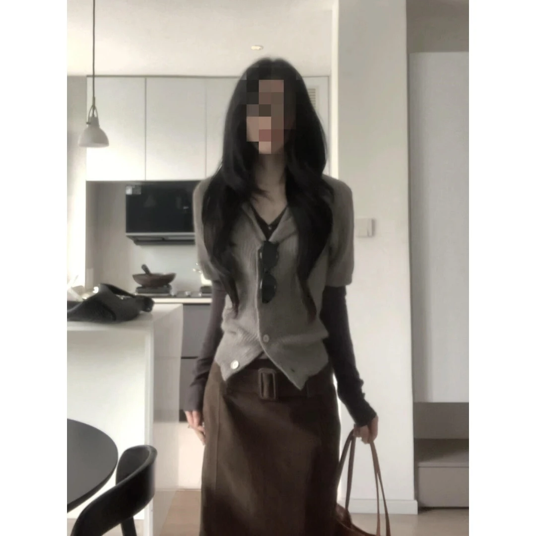 MARIE.COCO韩系巨好看轻熟风针织叠穿打底衫上衣时尚包臀裙三件套