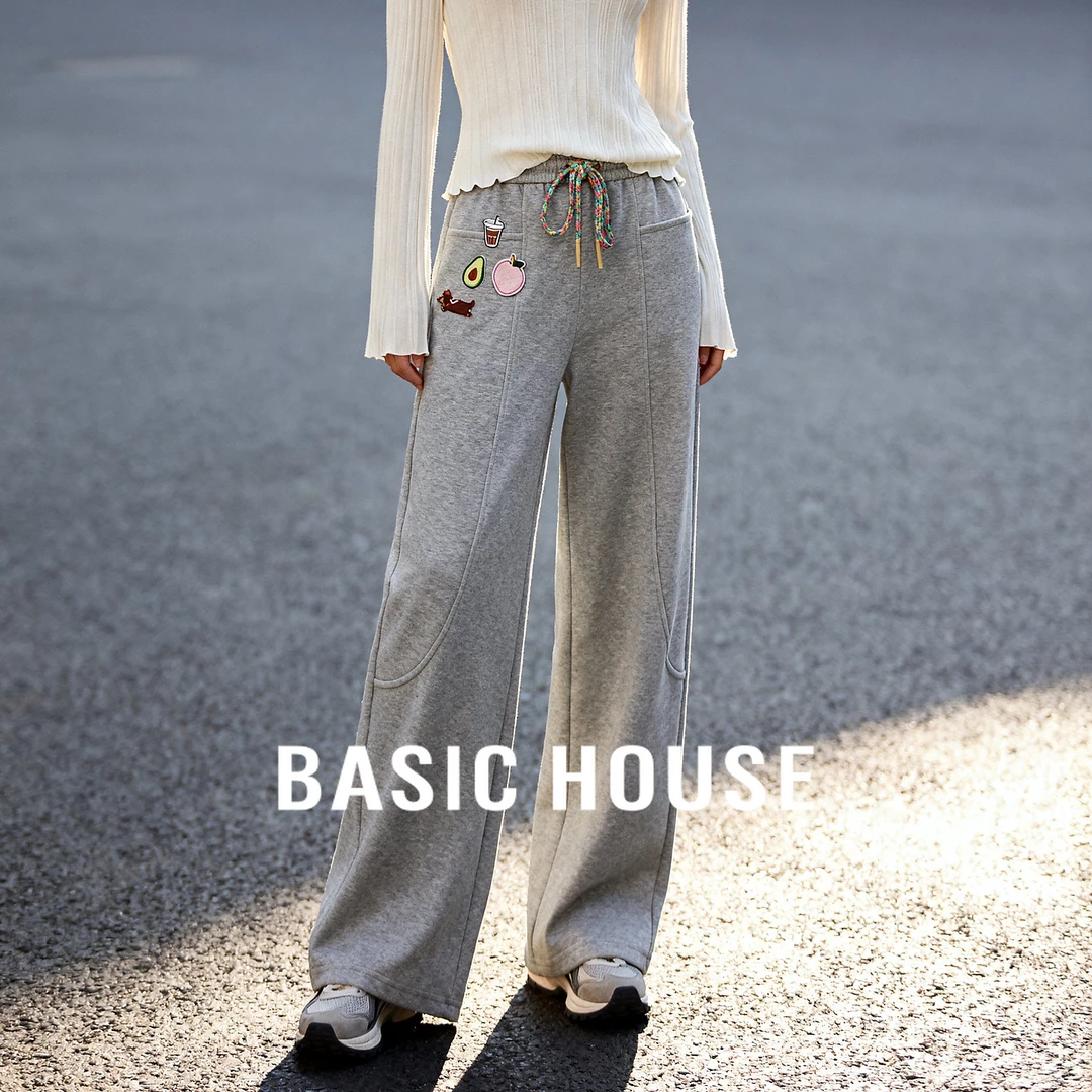 Basic House/百家好气质慵懒灰色直筒运动卫裤高腰阔腿裤女2025秋