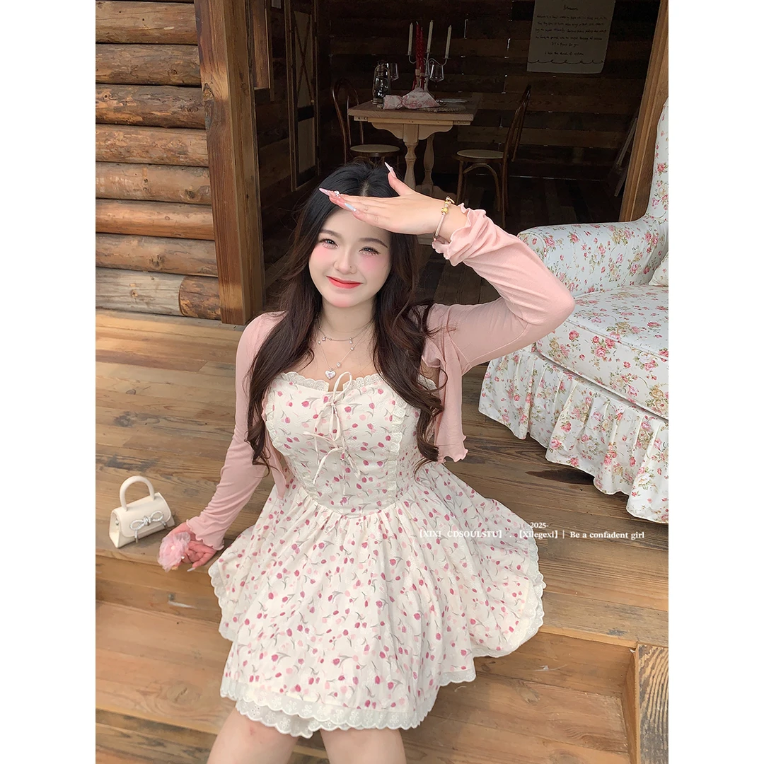 【PPEIQI】夏日冰莓 微胖大码法式碎花高级感甜美风吊带连衣裙女夏