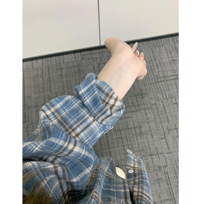 韩系休闲蓝色格子长袖衬衫外套女春季慵懒风宽松显瘦开衫外搭上衣