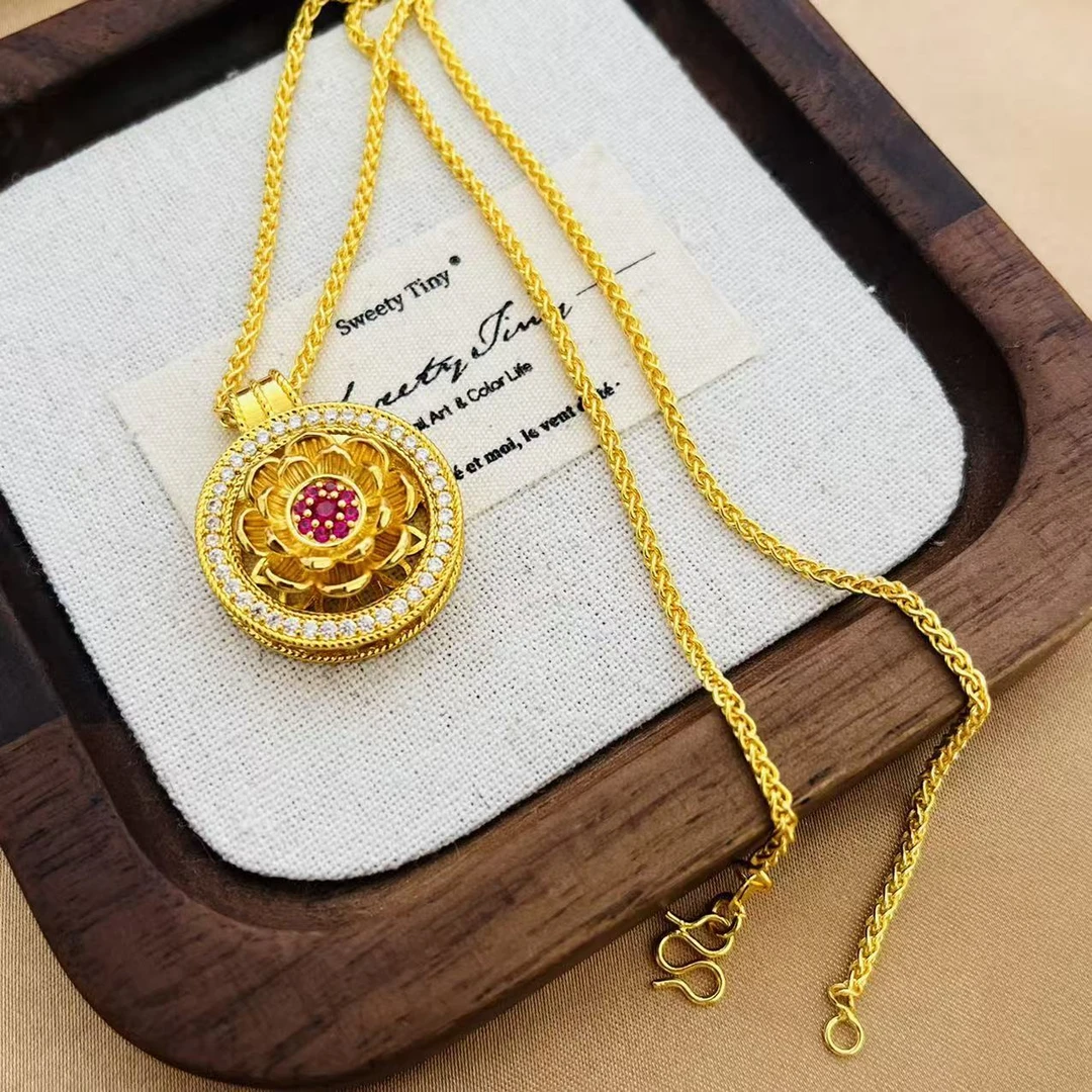 铜合金吊坠 镶嵌镂空莲花八宝罗盘可转动吊坠