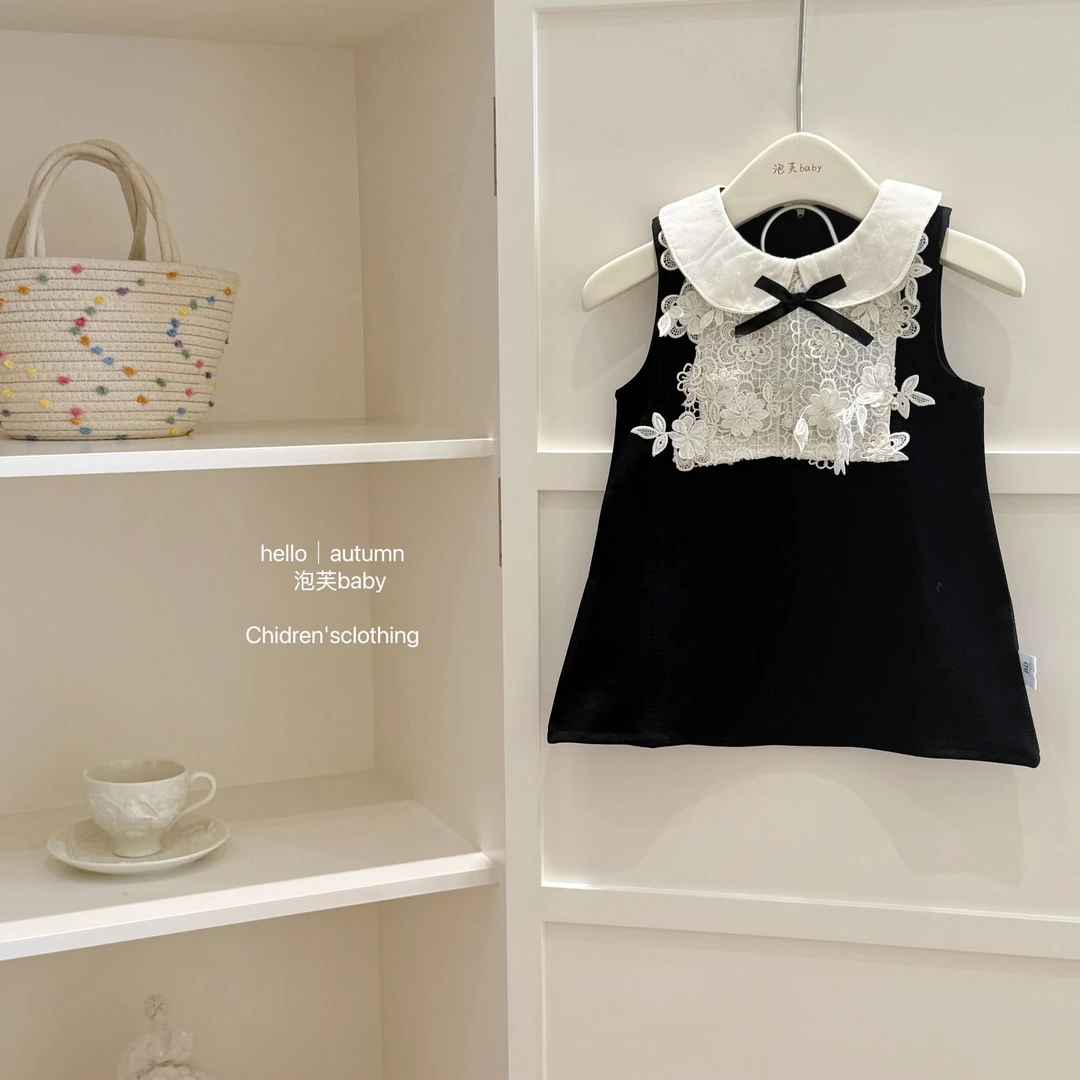 【泡芙baby】童装2025赫本小黑裙法式高定千金礼服娃娃领背心裙
