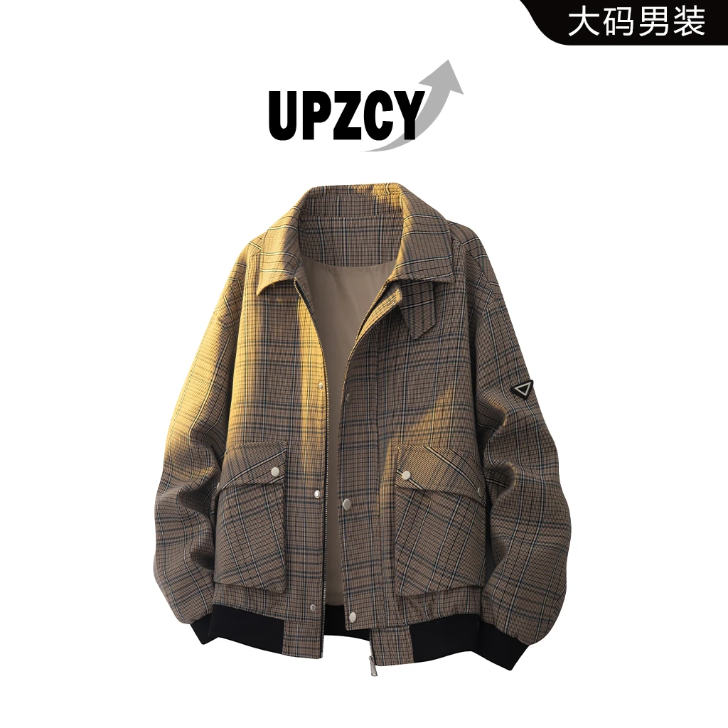 UPZCY大码美式复古格纹夹克男士秋季痞帅千鸟格宽松百搭休闲外套