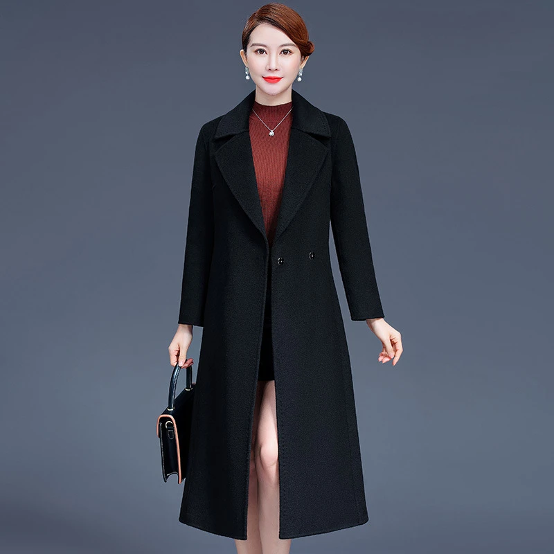 黑色羊毛呢外套女2024年冬季新款长款过膝时尚流行双面呢大衣呢子